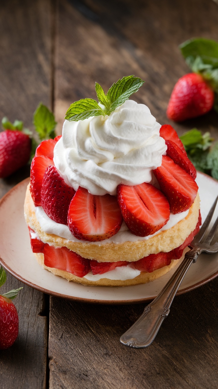 Classic strawberry shortcake with biscuit layers, fresh strawberries, and whipped cream on a rustic wooden table.